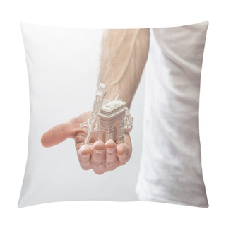 Personality  Selective Focus Of Man Holding Small Souvenirs From Paris Isolated On White Pillow Covers