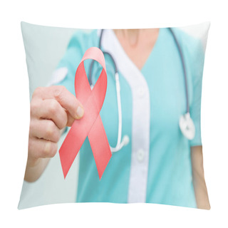 Personality  Red Ribbon For HIV Illness Awareness In Doctor's Hand, 1 December World AIDS Day Concept. Pillow Covers