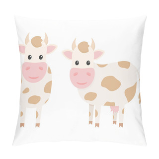 Personality  Cute Cows Charcaters Set. Farm Cartoon Animals. Vector Illustration Isolated On White Pillow Covers