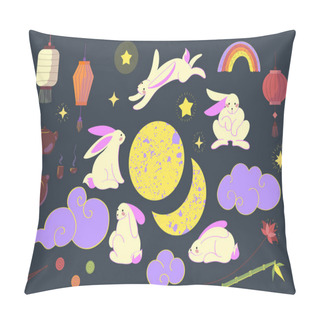 Personality Mid Autumn Festival Concept Clipart. Holiday Attributes Set. Chinese Traditional Culture. Vector Illustration. Flat Style. Pillow Covers