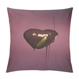 Personality  Heart Shaped Candy In Golden Wrapper With Pouring Liquid Chocolate Isolated On Pink Pillow Covers