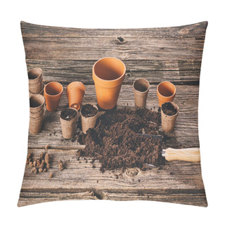 Personality  Planting A Potted Plant On Natural Wooden Background In Garden Pillow Covers