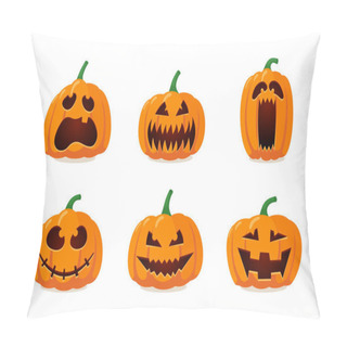 Personality  Halloween Monster Jack Lantern Orange Pumpkin Carved Glowing Scary Face Set On White Background. Holiday Cartoon Character Collection For Celebration Design. Vector Spooky Illustration Pillow Covers