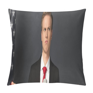Personality  Dissatisfied Emotional Man With American Flag On Black Background Pillow Covers