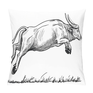 Personality  Drawing Of A Jumping Buffalo. Wild Or Pet. Pillow Covers