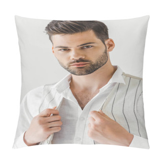 Personality  Portrait Of Handsome Man In Linen Clothes Isolated On Grey Background  Pillow Covers