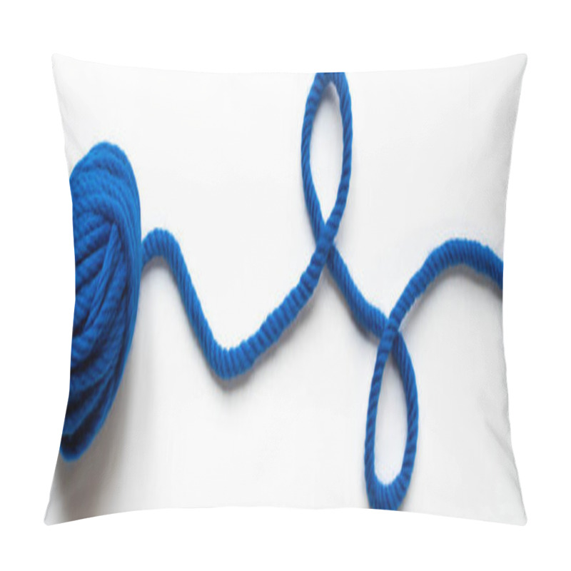 Personality  top view of blue wool yarn on white background, panoramic orientation pillow covers