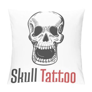 Personality  Skeleton Skull With Wide Opened Mouth Tattoo And Naked Teeth. Dreadful And Dead, Fearsome And Scary, Terrifying And Spooky, Scary Skull In Sketch Style For Mascot Or Emblem Pillow Covers
