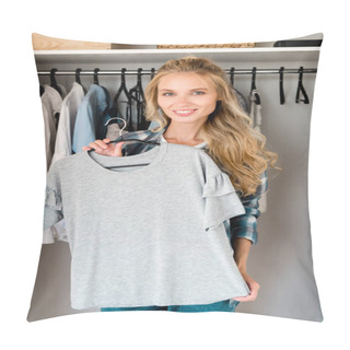 Personality  Young Smiling Woman Fitting Grey Tshirt At Home Pillow Covers