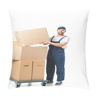 Personality  Handsome Mover In Uniform Transporting Cardboard Box Near Hand Truck With Packages Isolated On White Pillow Covers