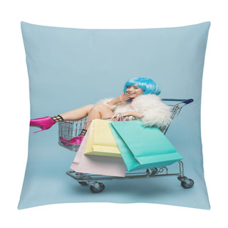 Personality  Positive Asian Pop Art Woman Holding Shopping Bags In Cart On Blue Background  Pillow Covers