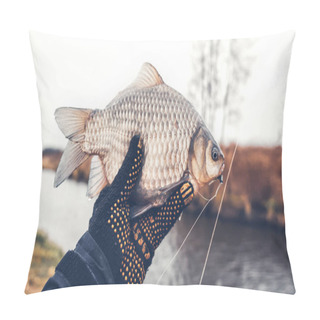 Personality  Fisherman Holds A Fish In His Hand. Pillow Covers