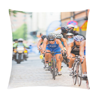 Personality  STOCKHOLM - AUG, 24: A Group With Vanessa Raw Cycling In The Crowded Cobblestone Road With Cameramen Behind In The Womens ITU World Triathlon Series Event Aug 24, 2013 In Stockholm, Sweden Pillow Covers