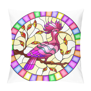 Personality  Illustration In The Style Of Stained Glass With A Beautiful Pink Bird  On A  Background Of Branch Of Tree ,oval Image In Bright Frame Pillow Covers