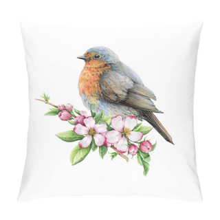 Personality  Vintage Style Robin Bird With Tender Flowers Illustration. Hand Drawn Songbird And Spring Flower Decor. Beautiful Retro Style Realistic Robin Image Element With Apple Blossoms. White Background. Pillow Covers