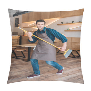 Personality  Man Having Fun With Broom In Cafe Pillow Covers