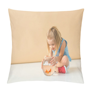 Personality  Adorable Kid Sitting With Crossed Legs And Looking At Fishbowl On Beige Background  Pillow Covers