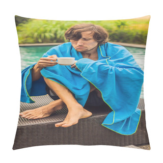 Personality  Sick Man Traveler. The Man Caught A Cold On Vacation, Sits Sad At The Pool Drinking Tea And Blows His Nose Into A Napkin. His Son Is Healthy And Swimming In The Pool. Travel Insurance Concept VERTICAL Pillow Covers
