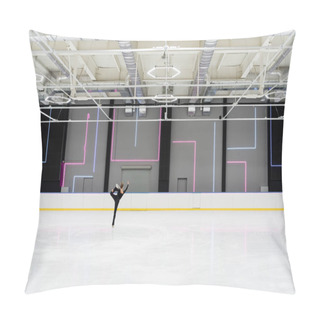 Personality  Back View Of Young Woman In Black Bodysuit Skating In Professional Ice Arena Pillow Covers
