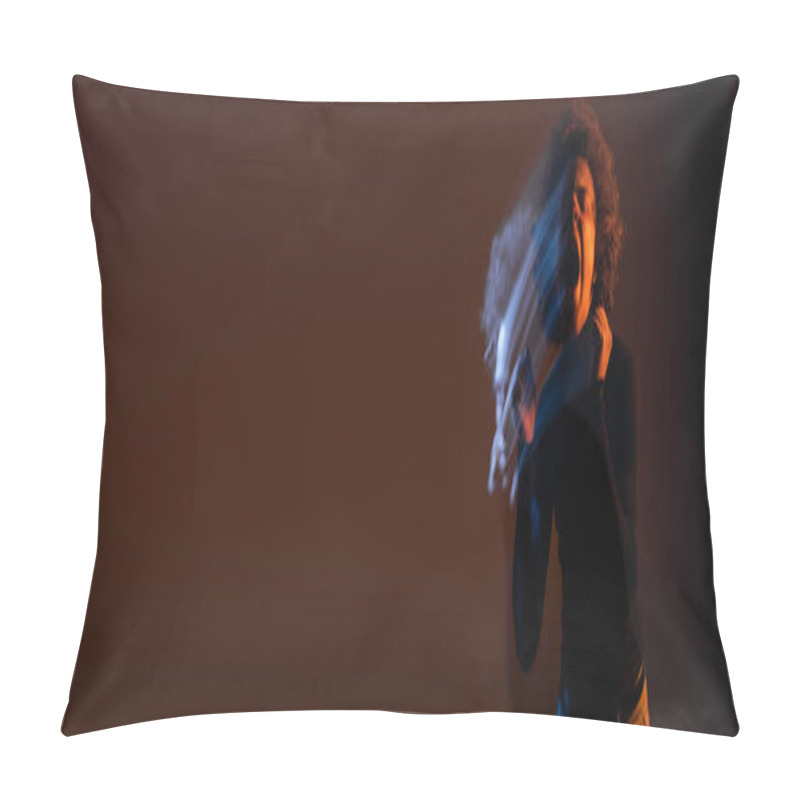 Personality  double exposure of injured and angry african american man shouting on dark background with red and blue light, banner pillow covers