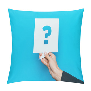 Personality  Cropped View Of Woman Holding Speech Bubble With Question Mark On Blue Pillow Covers
