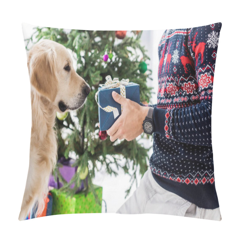 Personality  cropped view of man in christmas sweater giving present to golden retriever pillow covers