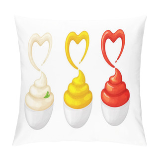 Personality  Mayonnaise,mustard,ketchup In Bowls With Heart Splash.Cartoon Illustration Pillow Covers