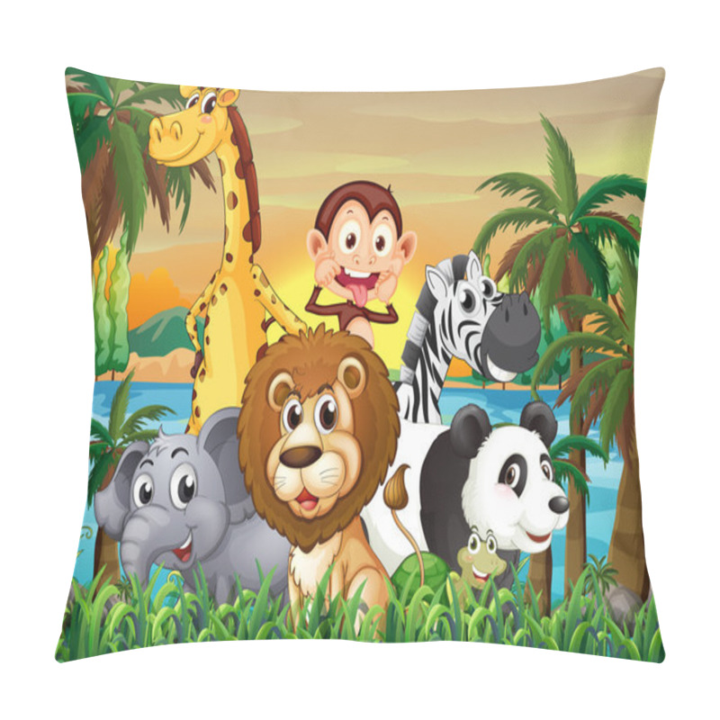 Personality  A group of animals at the riverbank with coconut trees pillow covers