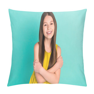 Personality  Photo Of Optimistic Nice Brown Hair Girl Hug Herself Wear Yellow Dress Isolated On Bright Teal Color Background Pillow Covers