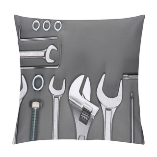 Personality  Top View Of Set Of Various Work Tools On Grey Pillow Covers