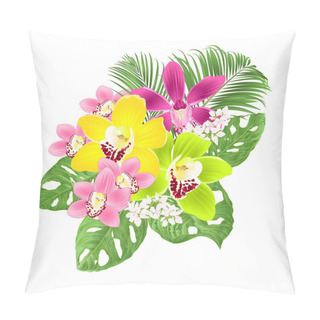 Personality  Tropical Orchids Cymbidium Green And Purple Flowers And Monstera  Foliage  On A White Background Vintage Vector Illustration Editable Hand Draw Pillow Covers