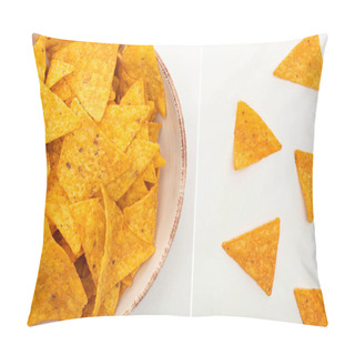 Personality  Collage Of Corn Nachos In Bowl On White Background Pillow Covers