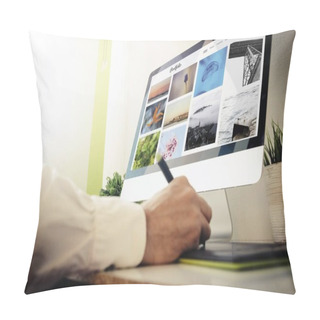 Personality  Graphic Designer Checking Online Portfolio Website Using Graphic Tablet And Desktop Computer Pillow Covers