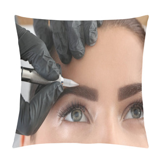 Personality  Young Woman Undergoing Procedure Of Eyebrow Permanent Makeup In Beauty Salon, Closeup Pillow Covers