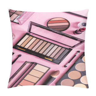 Personality  Top View Of Lipstick, Cosmetic Brushes And Blush Near Eye Shadow Palette On Pink Pillow Covers