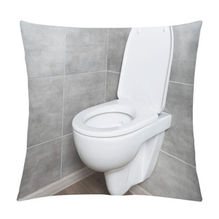Personality  Clean Toilet Bowl With Open Seat In Modern Bathroom With Grey Tile Pillow Covers