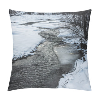 Personality  Cold Creek In Winter Forest With Trees On Shores Pillow Covers