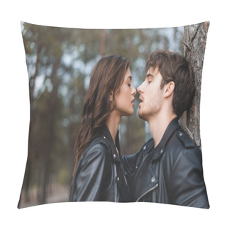 Personality  Young Brunette Woman Kissing Boyfriend In Leather Jacket Near Tree In Forest  Pillow Covers