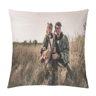 Personality  Handsome Man Holding Gun Near Kid With Soft Toy In Field, Post Apocalyptic Concept Pillow Covers