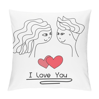 Personality  I Love You Typography. Cards Of Cute Couple. Doodle Boy And Girl Lovely Together Wedding Card. Handmade Vector Illustration. Pillow Covers