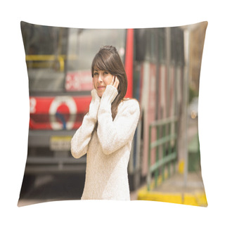 Personality  Woman Walking On The City Street Covering Her Ears Concept Of Noise Pollution Pillow Covers