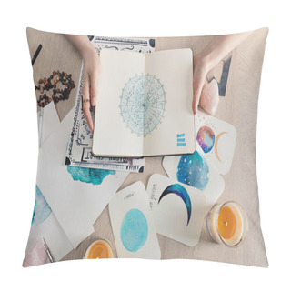 Personality  Top View Of Astrologer Holding Notebook With Watercolor Drawings And Zodiac Signs On Cards On Table  Pillow Covers