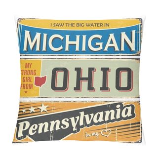 Personality  Vintage Tin Sign Collection With America State. Michigan. Ohio. Pennsylvania. Retro Souvenirs Or Postcard Templates On Rust Background. Pillow Covers