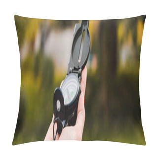 Personality  Panoramic Shot Of Woman Holding Retro Compass  Pillow Covers