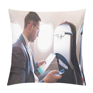 Personality  The Elegant Young Man Sitting On The Plane Near The Window And Reading And Holding The Phone In Hand Pillow Covers