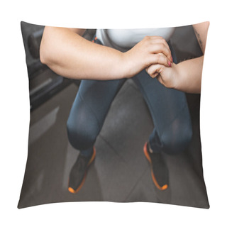 Personality  Cropped View Of Overweight Girl Squatting With Clenched Hands In Gym Pillow Covers
