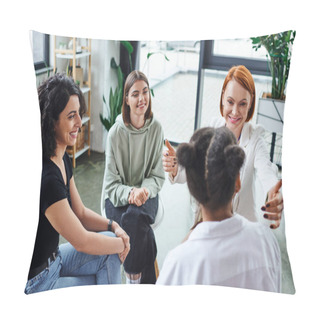 Personality  Happy Redhead Motivation Coach Sitting With Outstretched Hands And Talking To Diverse Group Of Multiethnic Women During Therapy In Consulting Room, Friendship And Mental Wellness Concept Pillow Covers