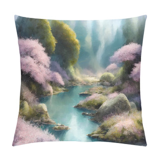 Personality  Picturesque Landscape With Pink Sakura Cherry Trees In Full Blossom On The River Shore In Lush Japanese Spring Garden. My Own Impressionist Digital Art Painting Illustration. Pillow Covers