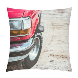 Personality  Close Up Of Of Headlight Of Red Car On Sandy Road Pillow Covers