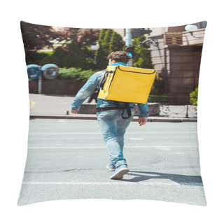 Personality  Back View Of Courier With Thermo Backpack Walking On Crosswalk Pillow Covers